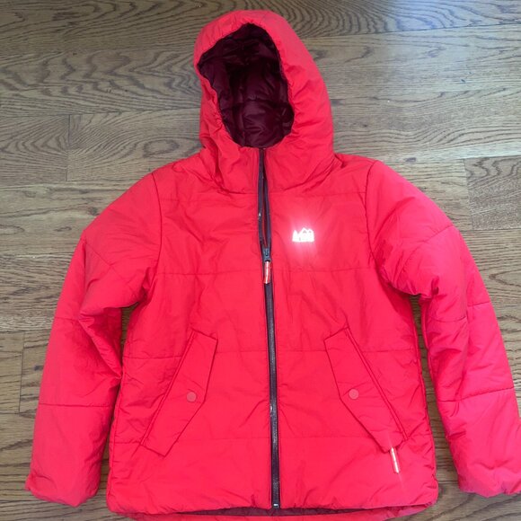 REI NWT Red Hooded Puffer Jacket Size 10-12 - Picture 1 of 7